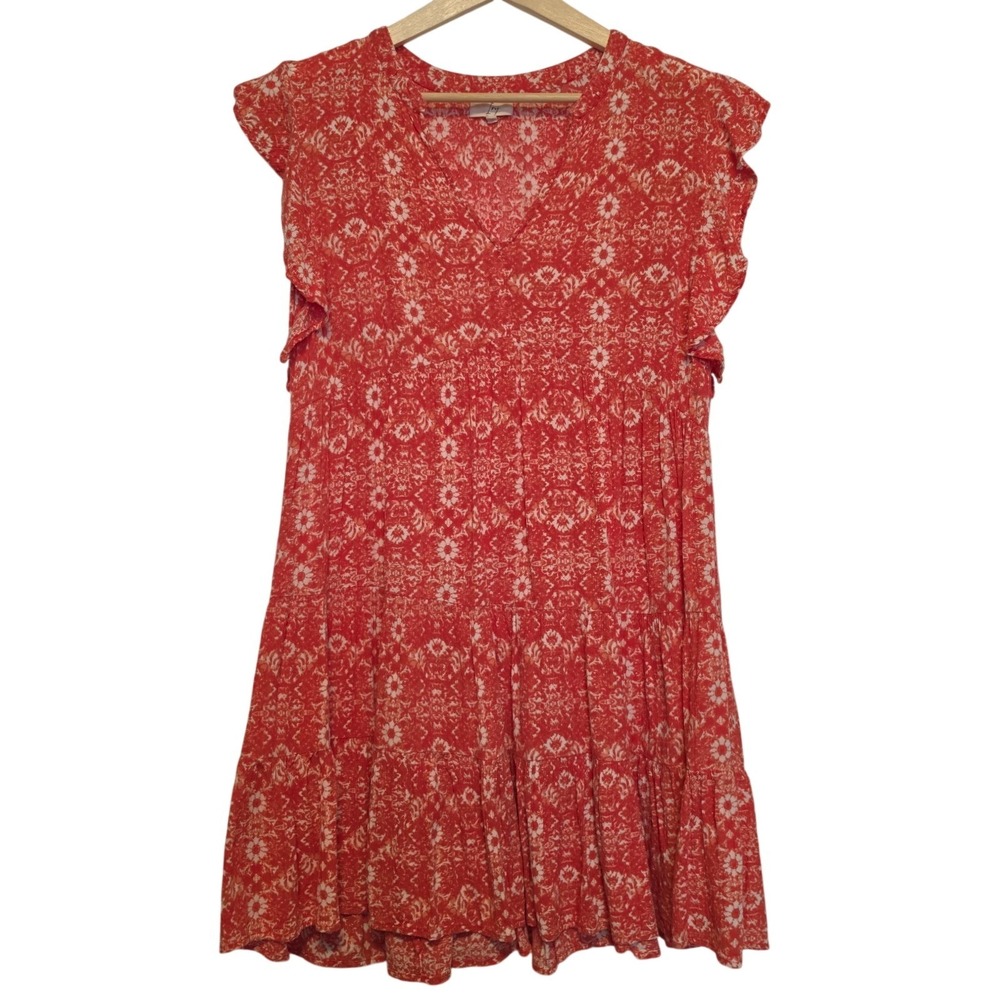 Ivy Medallion Floral V-Neck Flutter Sleeve Mini Dress Red White Size Medium